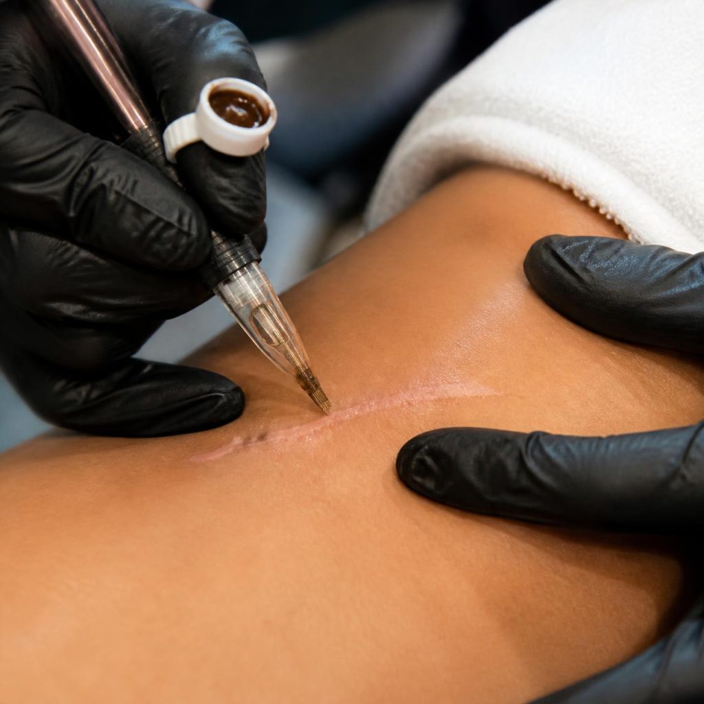 Professional scar camouflage treatment close-up